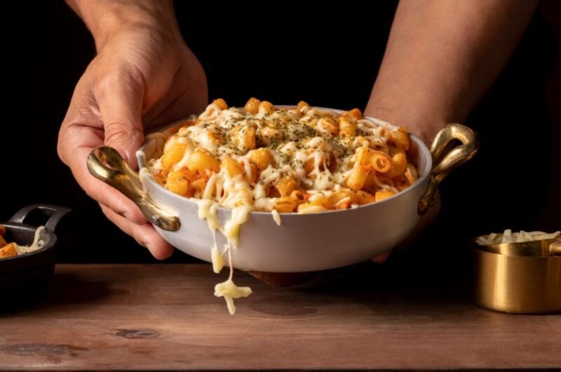 Cajun Steak Tips in Cheesy Rigatoni Parmesan Pasta